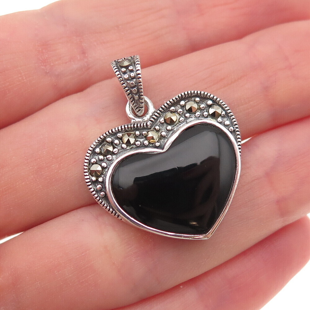 925 Sterling Silver Vintage Real Black Onyx & Marcasite Heart Charm Pendant